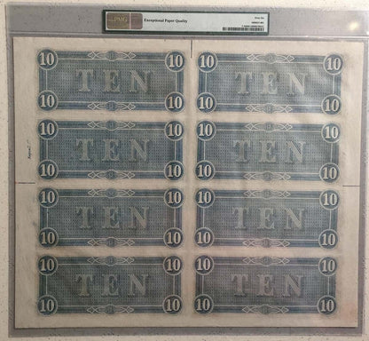 1864 $10 Confederate CSA T-68 Uncut Sheet 8 Notes PMG GEM 66 EPQ