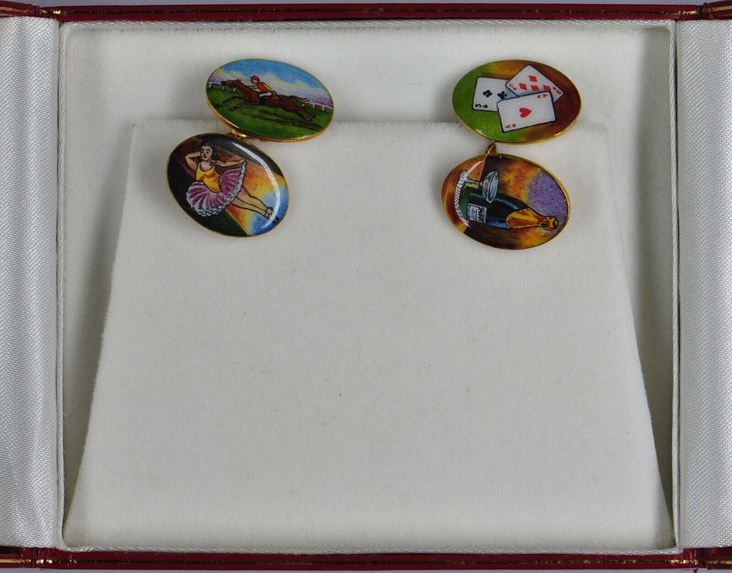 Road to Ruin Series Enamel 18k Yellow Gold Cuff Links Vtg Horse Race Wine Cards