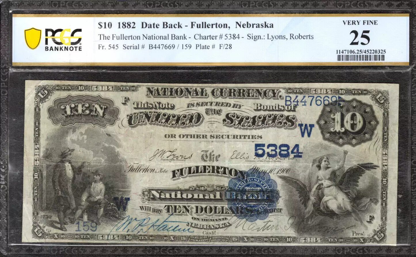 1882 $10 FULLERTON NATIONAL BANKNOTE CURRENCY FR.545 NEBRASKA PCGS 25 VF (669)