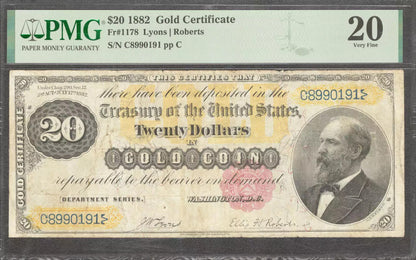 1882 $20 GOLD CERTIFICATE FR.1178 LYONS ROBERTS PMG CERTIFIED 20 VERY FINE (191)