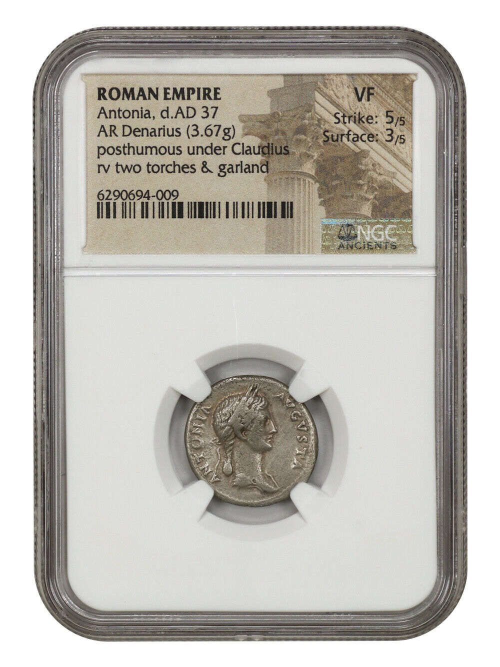 Ancient Roman: Antonia (AD 37) AR Denarius NGC VF (Under Claudius)