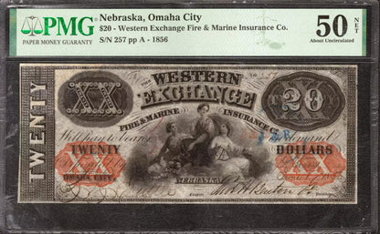 1856 $20 WESTERN EXCHANGE OMAHA CITY NEBRASKA OBSOLETE NOTE PMG ABOUT UNC 50 NET