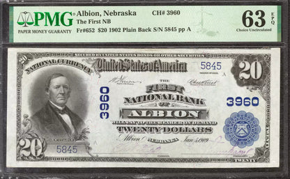 1902 $20 FIRST NATIONAL BANKNOTE CURRENCY FR.652 ALBION NEBRASKA PMG 63 CU (845)