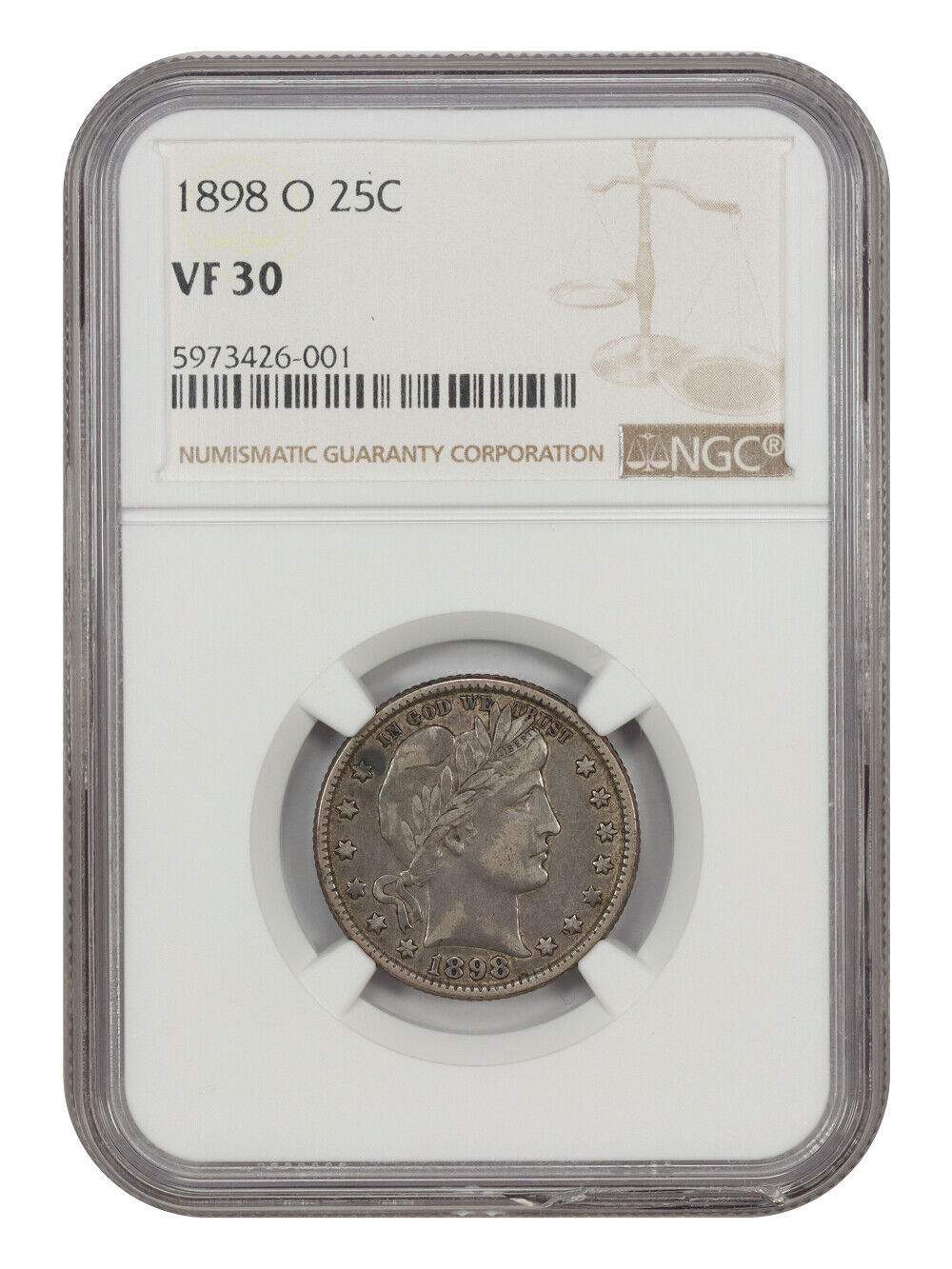 1898-O 25C NGC VF30 - Barber Quarter - Key Date O-Mint Barber Quarter