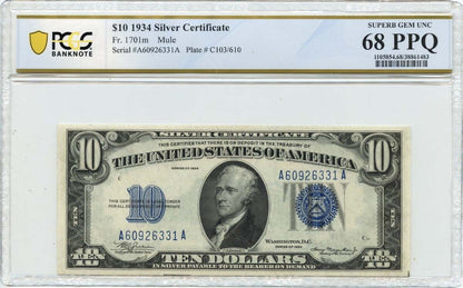 1934 $10 Silver Certificate Blue MULE Fr# 1701 PCGS Banknote SUPERB GEM 68 PPQ