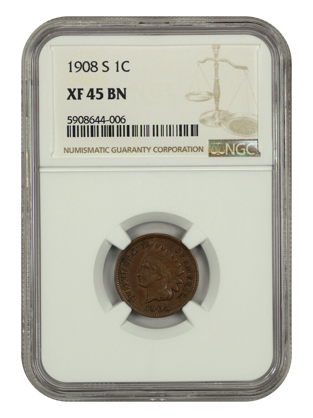 1908-S 1C NGC XF45 - Indian Cent - Popular Key Date