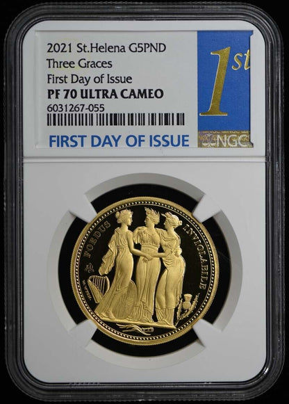 2021 St Helena Three Graces Gold 5 Pounds First Day NGC PR70DCAM