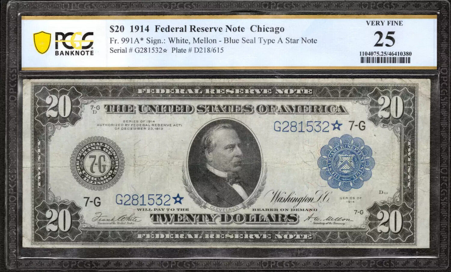 1914 $20 FEDERAL RESERVE STAR NOTE FR.991A* CHICAGO PCGS VF 25 VERY FINE (532*)