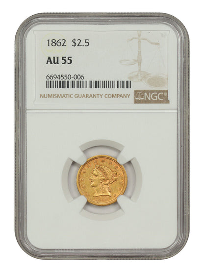 1862 $2.50 NGC AU55 - Liberty Head $2.5 - Scarce Low Mintage Civil War Era Issue