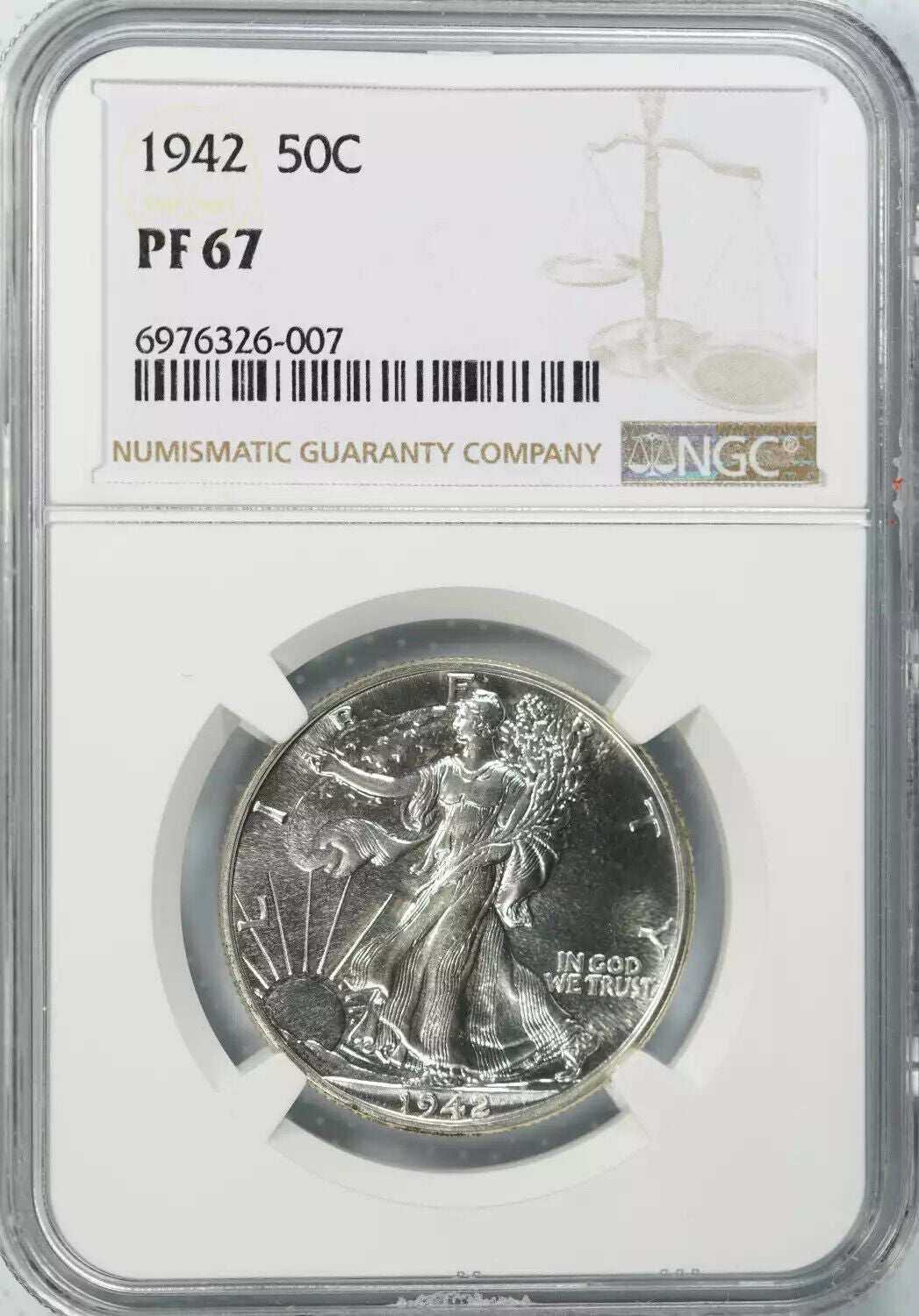 1942 PROOF WALKING LIBERTY HALF DOLLAR 50C NGC CERTIFIED PF 67 PROOF (007)