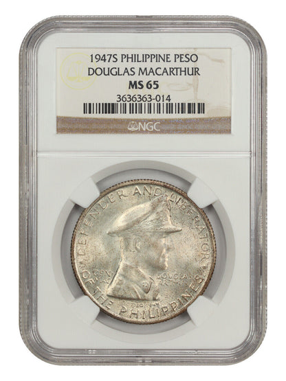 1947S Philippine Peso Douglas MacArthur NGC MS 65