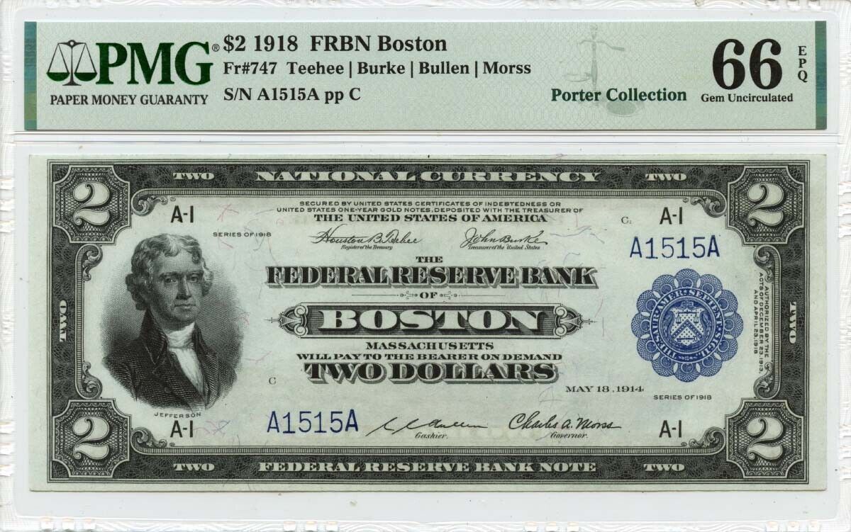 1918 $2 FRBN Boston Blue Seal Fr# 747 PMG Gem 66 EPQ