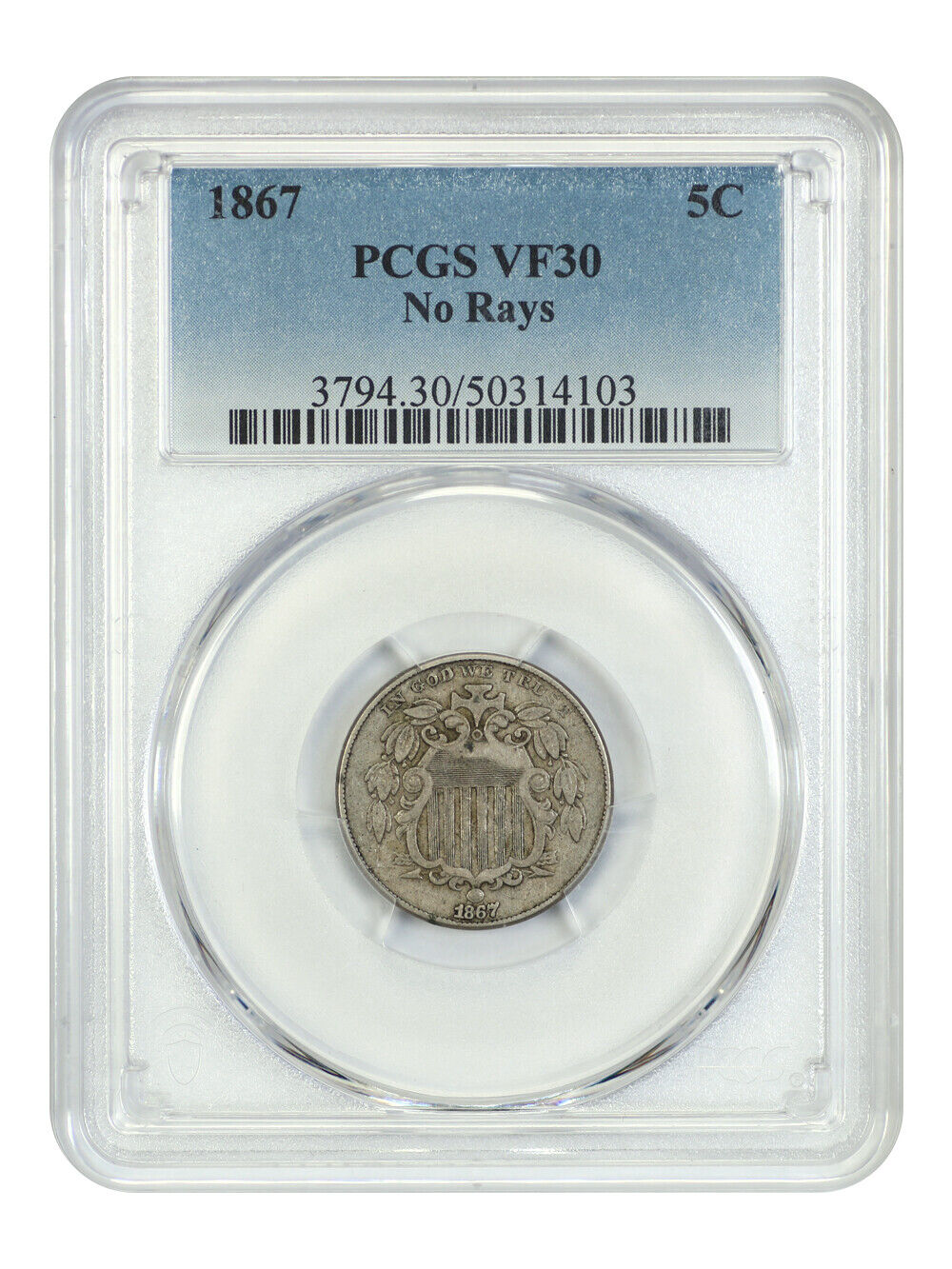 1867 5C PCGS VF30 (No Rays) - Shield Nickel