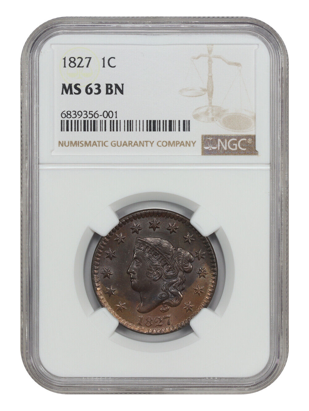 1827 1C NGC MS63BN - Coronet Head Cent