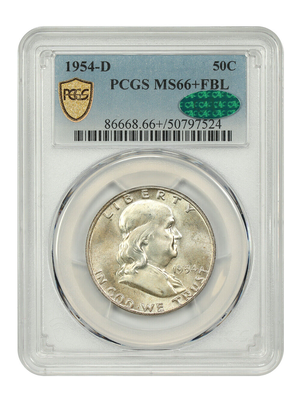 1954-D 50C PCGS/CAC MS66+FBL - Franklin Half Dollar