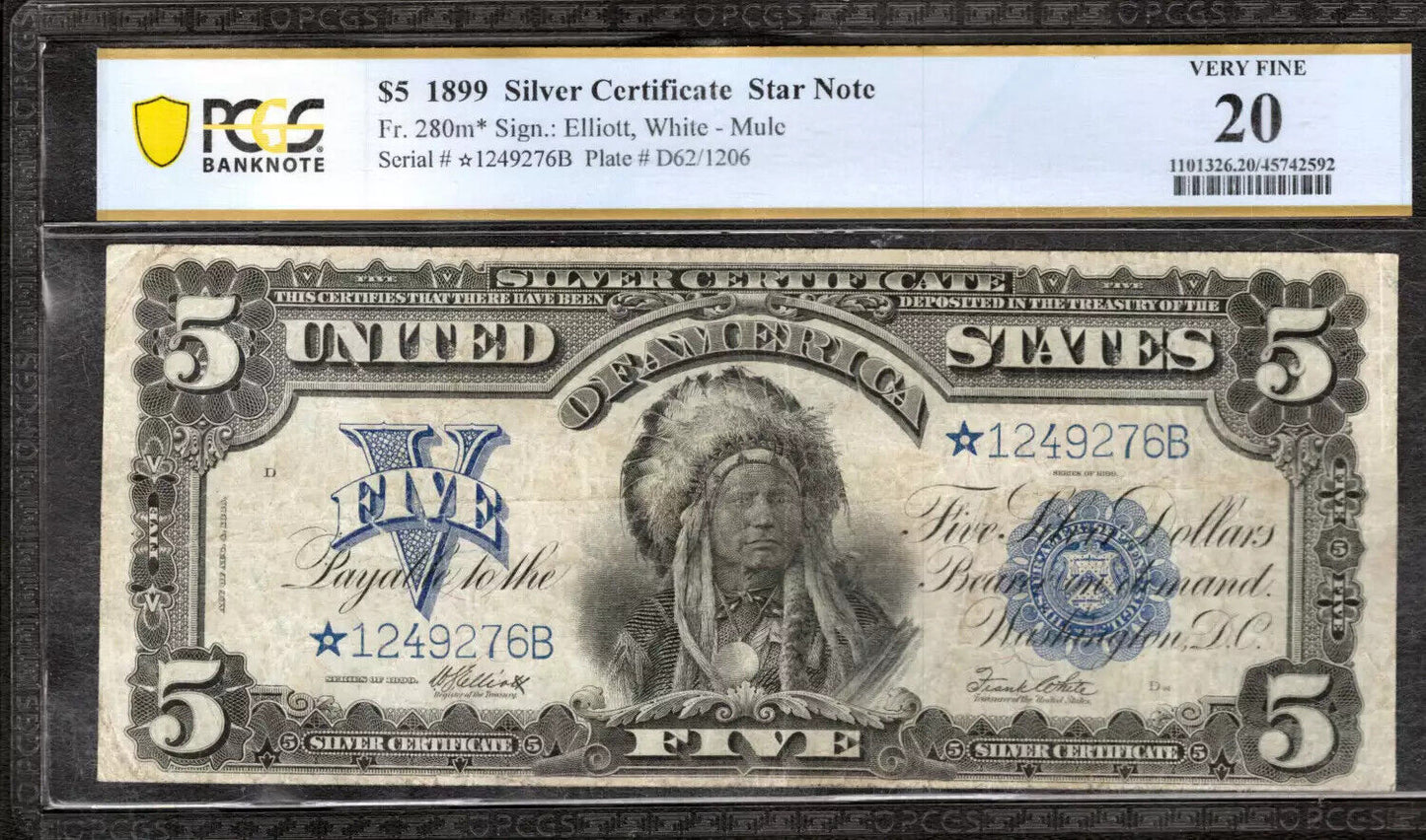 1899 $5 SILVER CERTIFICATE INDIAN CHIEF FR.280m* MULE PCGS 20 VF STAR NOTE (276B