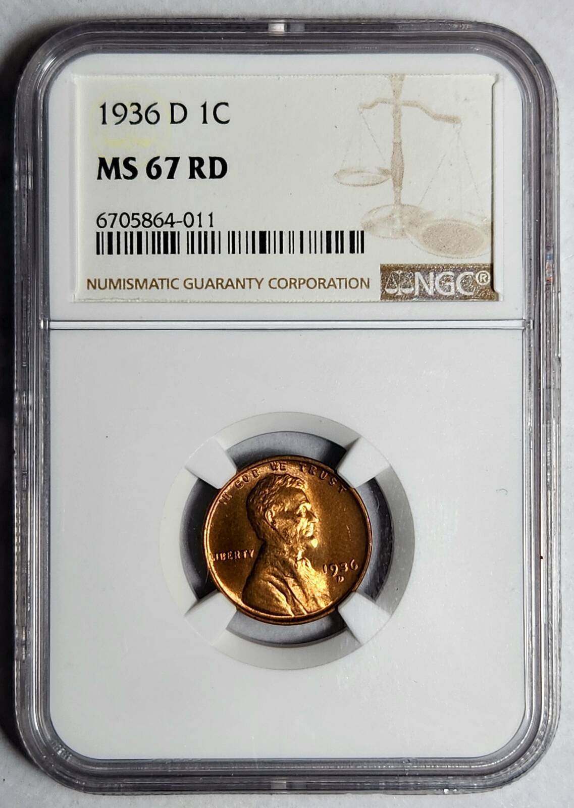 1936 D Small Cent Lincoln NGC MS-67 RD