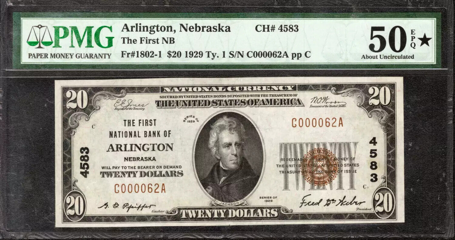 1929 $20 FIRST NATIONAL BANK NOTE CURRENCY ARLINGTON NE PMG AU 50 EPQ STAR (062A