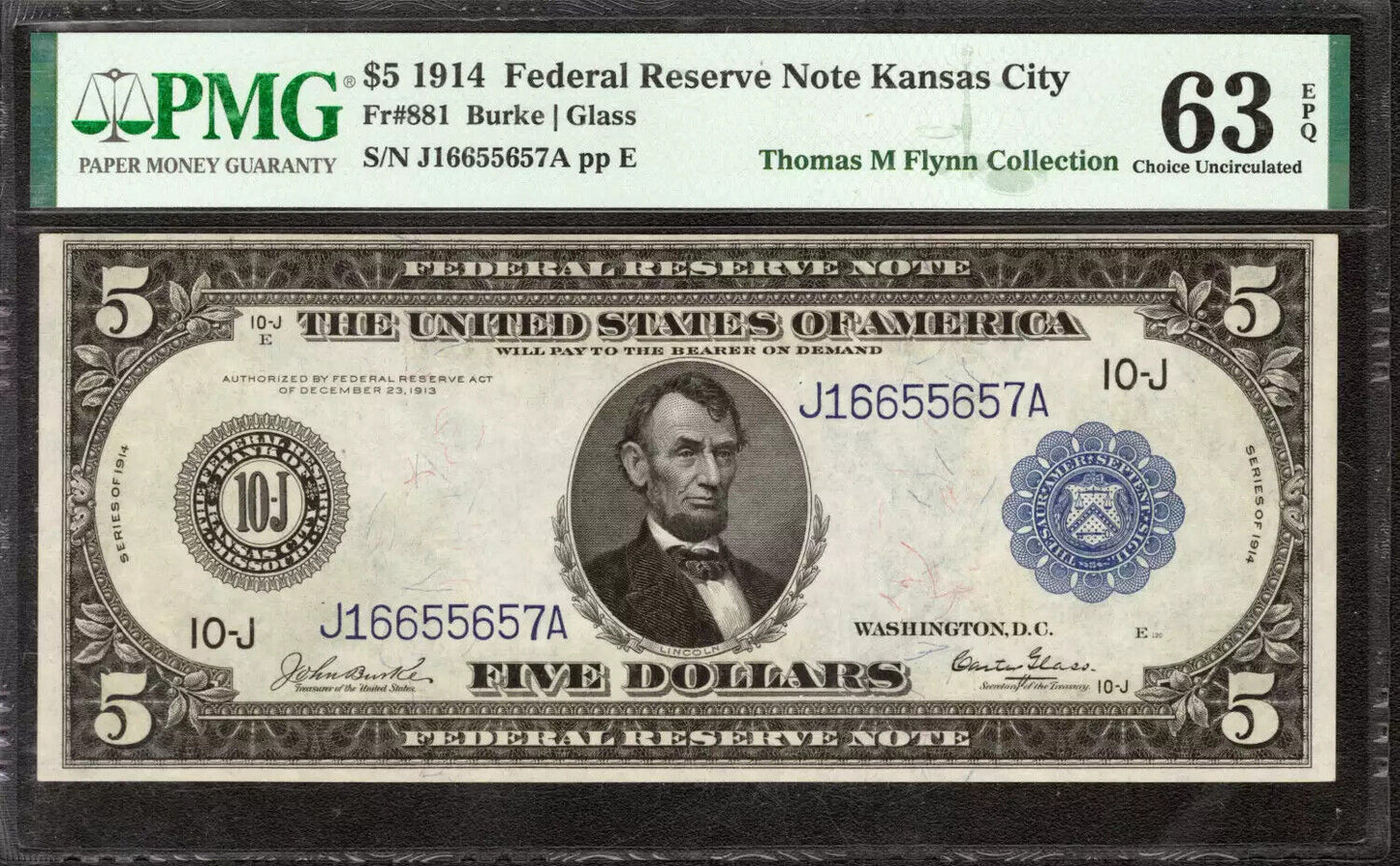 1914 $5 FEDERAL RESERVE NOTE KANSAS CITY FR.881 BURKE GLASS PMG CHOICE UNC 63 Q