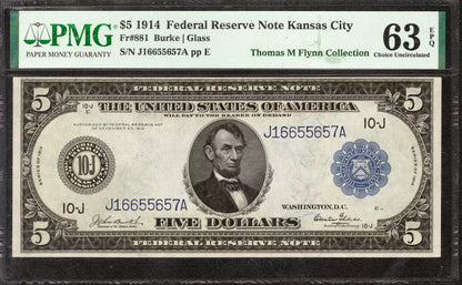 1914 $5 FEDERAL RESERVE NOTE KANSAS CITY FR.881 BURKE GLASS PMG CHOICE UNC 63 Q