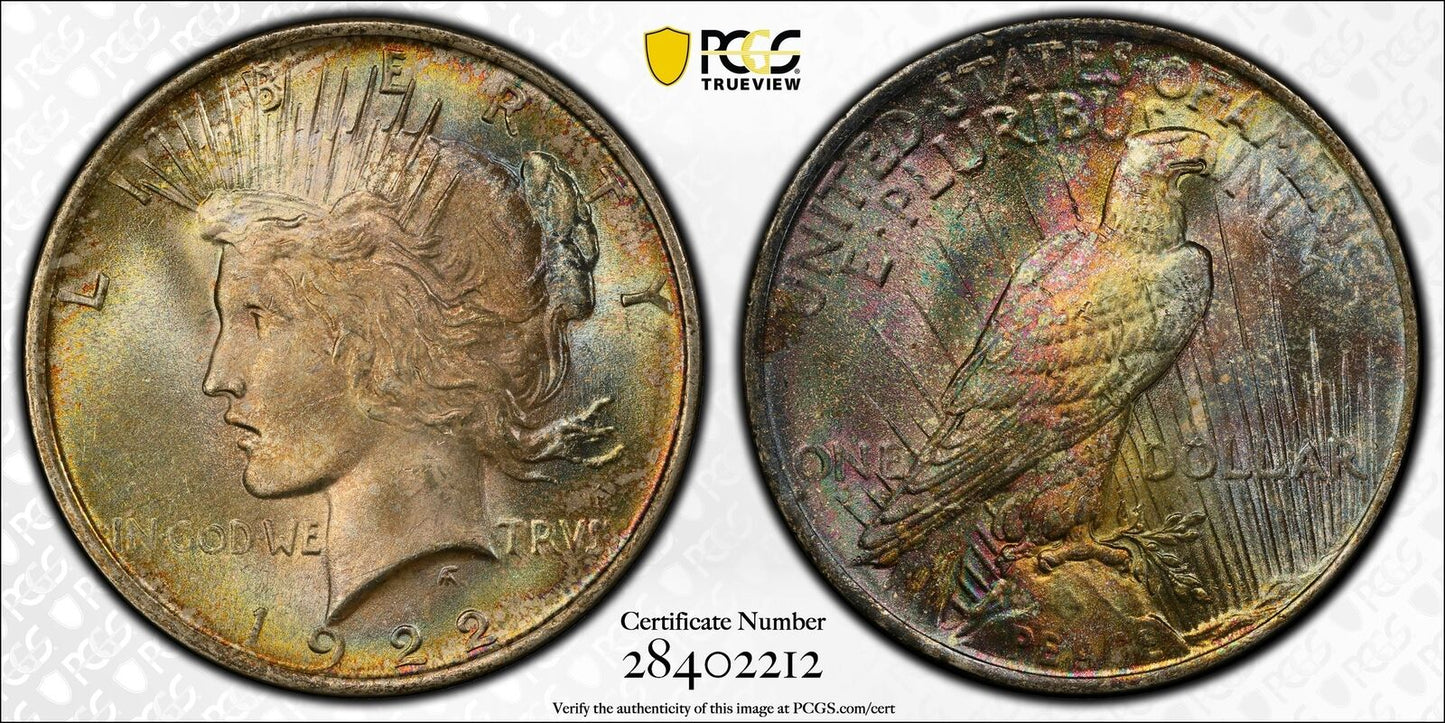 1922 P Peace Dollar PCGS MS-65 MONSTER RAINBOW, Double Sided