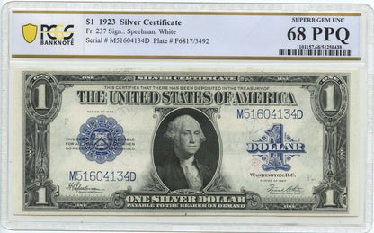 1923 $1 Silver Certificate FR#237 PCGS Banknote Superb Gem 68PPQ