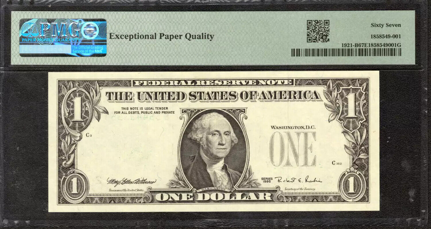 1995 $1 FEDERAL RESERVE NOTE NEW YORK OVERPRINT ON BACK ERROR PMG SUPERB 67 EPQ