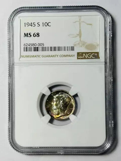 1945 S Mercury Dime NGC MS-68 Wow Toning! Very pretty!