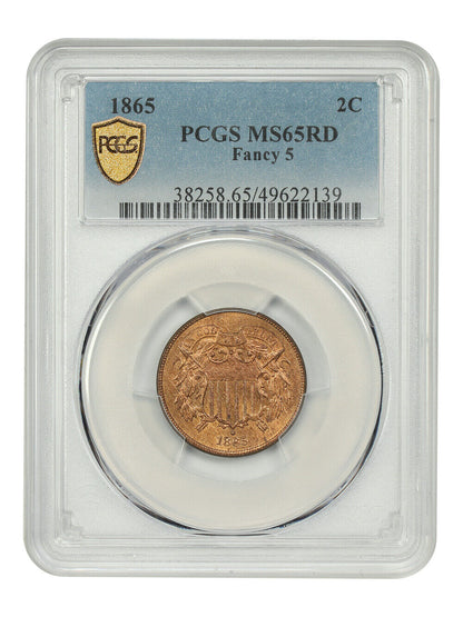 1865 2C PCGS MS65RD (Fancy 5) - Two Cent - Popular Type Coin