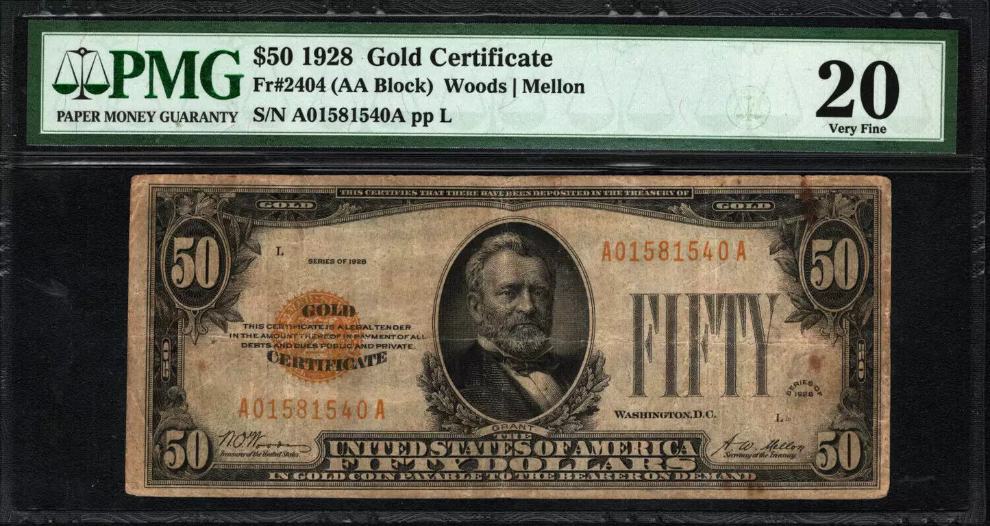 1928 $50 GOLD CERTIFICATE FR.2404 WOODS MELLON PMG VF 20 (540A)