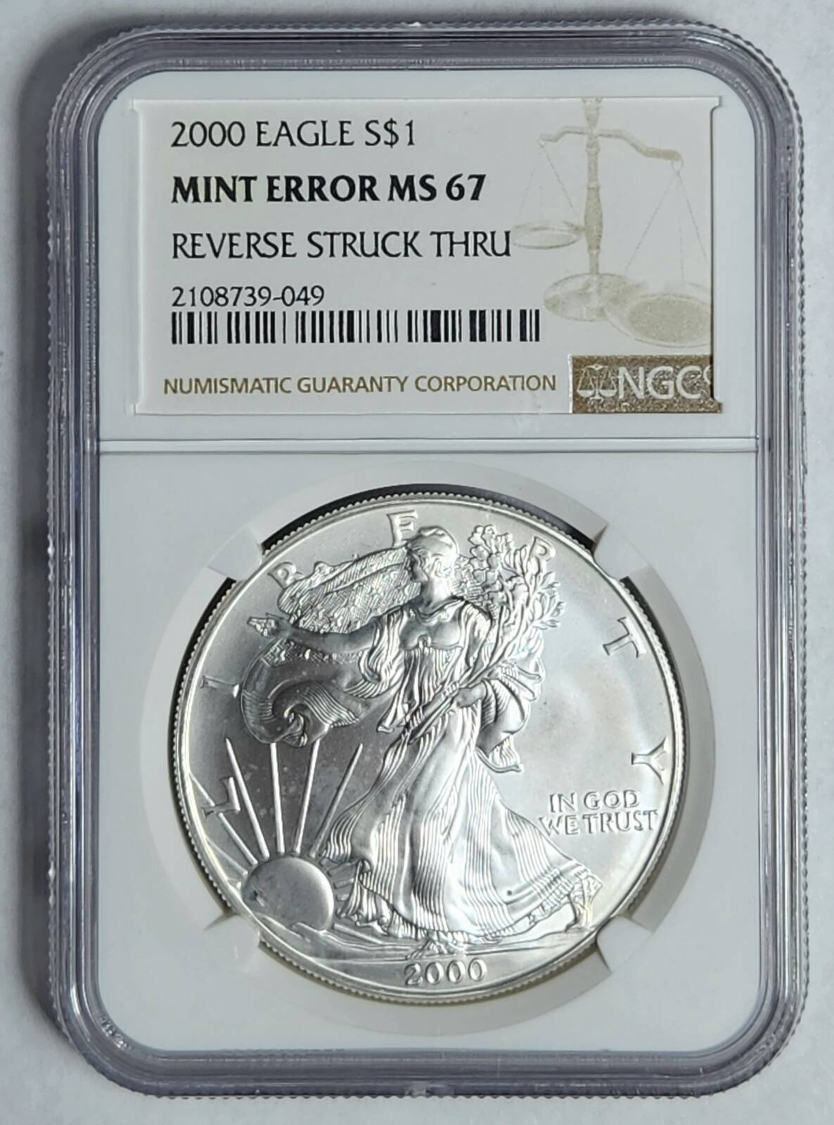 2000 P Silver Eagle NGC MS-67 - MINT ERROR - REV STRUCK THRU