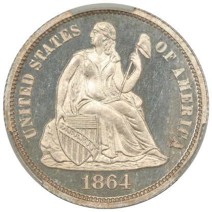 1864 10C CACG PR64+DCAM ex: D.L. Hansen - Liberty Seated Dime