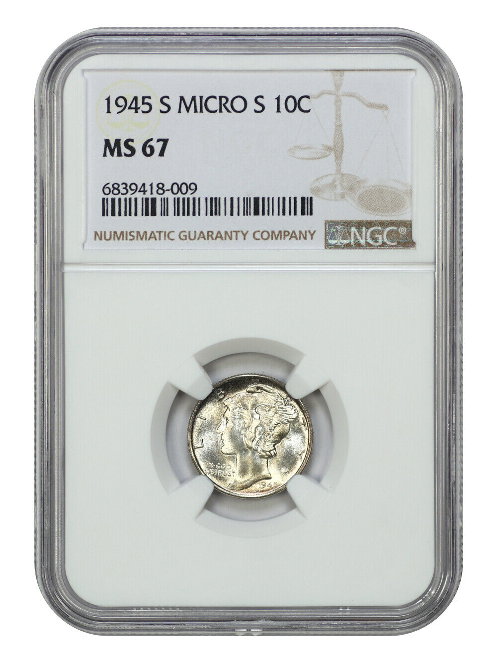 1945-S 10C NGC MS67 (Micro S) - Mercury Dime