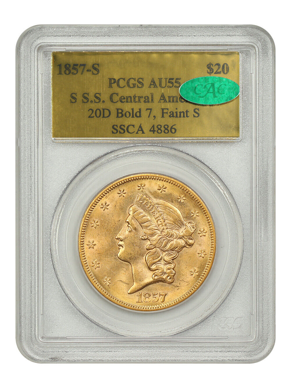 SS Central America: 1857-S $20 Shipwreck PCGS/CAC AU55 (20D, Bold 7, Faint S)