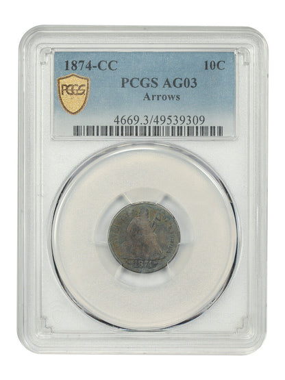 1874-CC 10C PCGS AG03 (Arrows) - Liberty Seated Dime - Scarce CC-Mint Dime