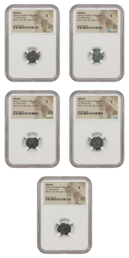 Lot of 5 Ancient Roman Judaea: 4 BC-AD 6 AE Half-Prutah NGC F Herod Archelaus