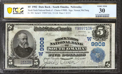 1902 $5 STOCKYARDS NATIONAL BANKNOTE CURRENCY OMAHA NEBRASKA PCGS 30 VF (710A)