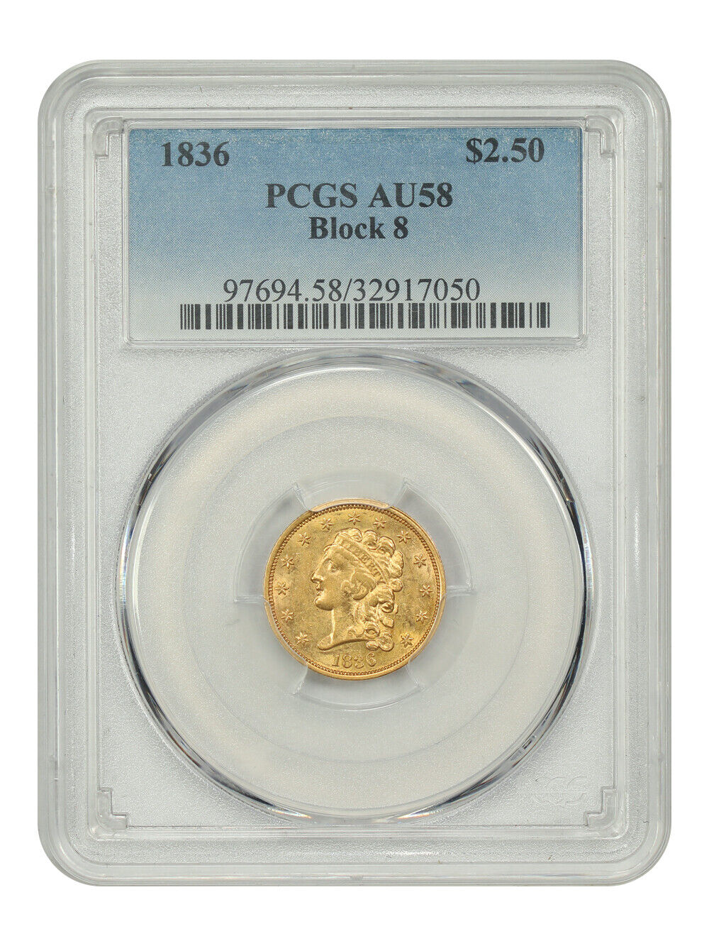 1836 $2.50 PCGS AU58 (Block 8) - Classic Head $2.5