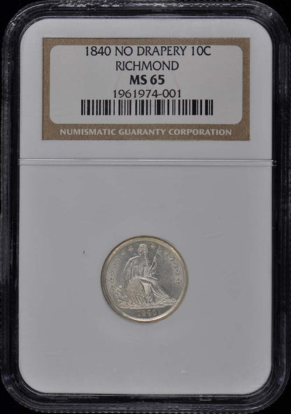 1840 Seated Liberty Dime No Drapery 10C NGC MS65 Richmond