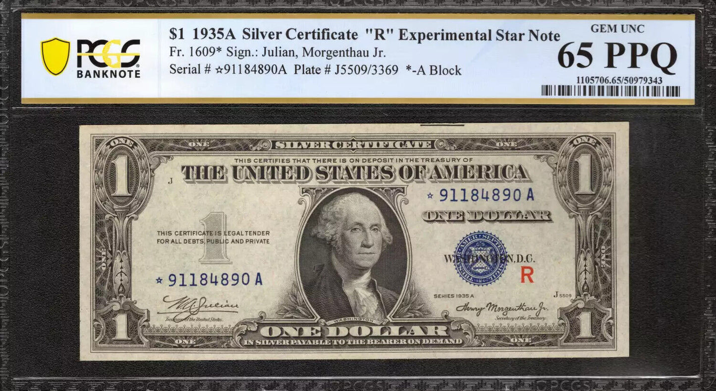 1935A $1 EXPERIMENTAL "R" SILVER CERTIFICATE FR.1609 STAR NOTE PCGS 65 PPQ (890A