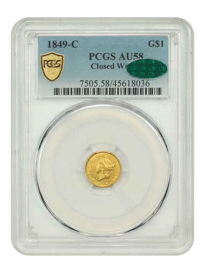 1849-C G$1 PCGS/CAC AU58 (Closed Wreath) - Gold Dollar - Scarce Charlotte Gold