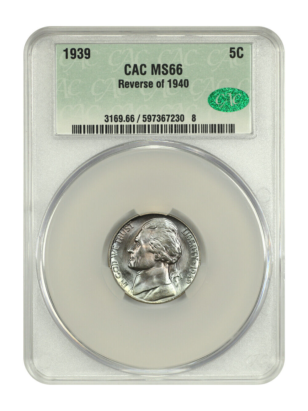 1939 5C Reverse of 1940 CACG MS66 - Jefferson Nickel