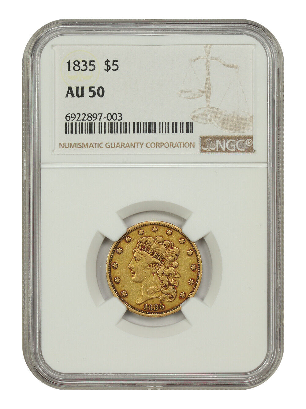 1835 $5 NGC AU50 - Classic Head $5