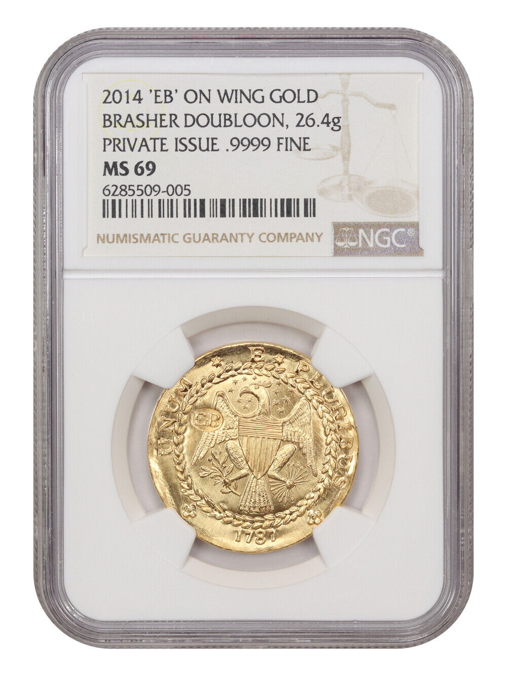 1787 Brasher Doubloon NGC MS69 (2014 Private Issue, "EB" on Wing, .9999 Fine)