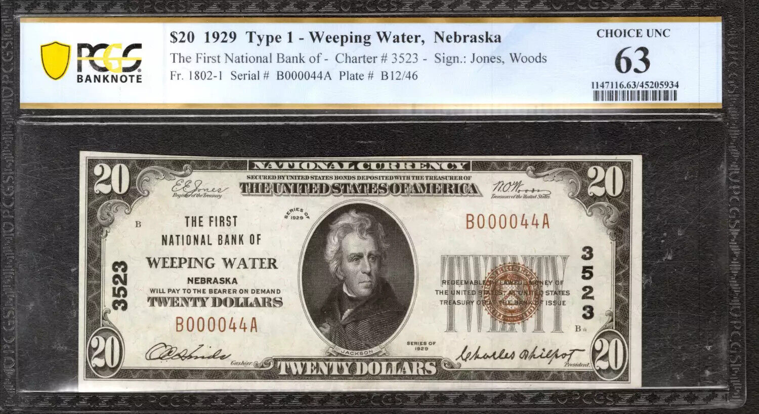 1929 $20 FIRST NATIONAL BANKNOTE WEEPING WATER NEBRASKA PCGS B CHOICE UNC CU 63