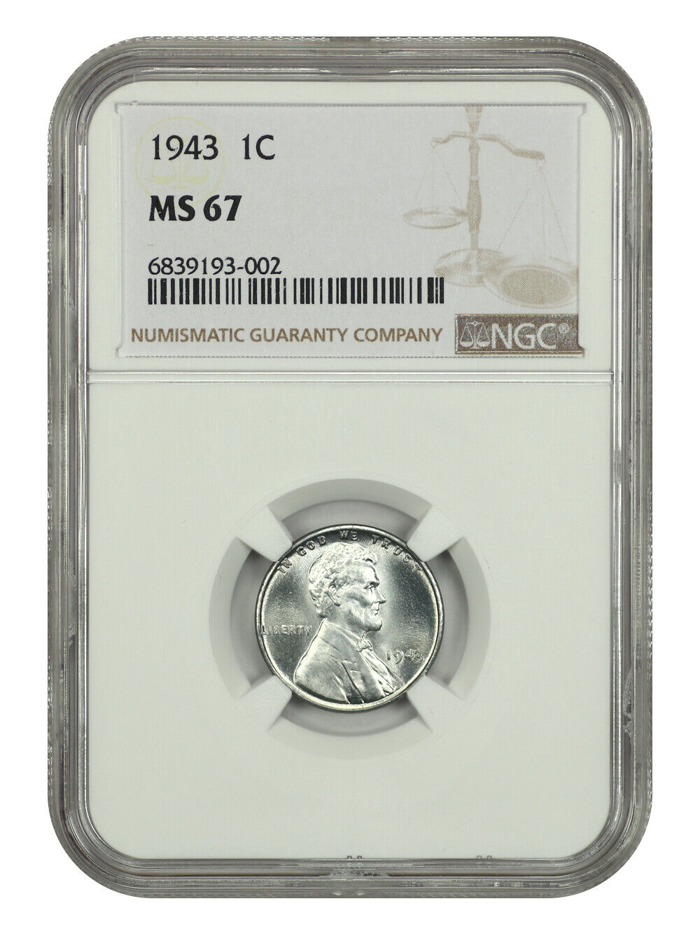 1943 1C NGC MS67 - Lincoln Cent (Wheat Reverse) - WW2 Steel Cent