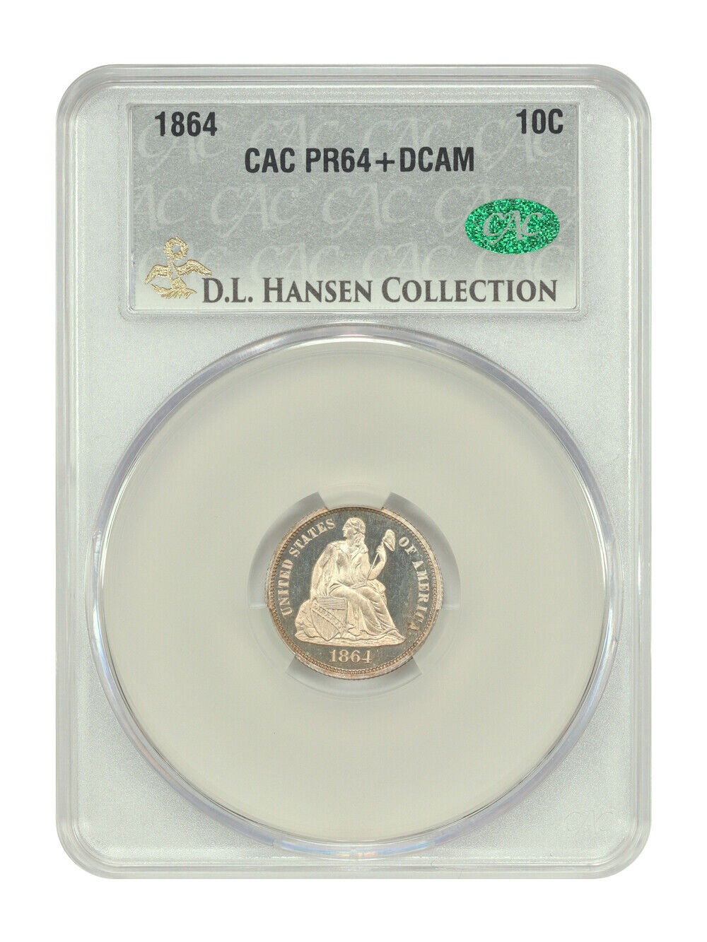 1864 10C CACG PR64+DCAM ex: D.L. Hansen - Liberty Seated Dime