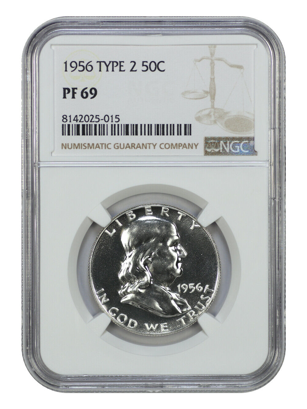 1956 50C NGC PR69 (Type 2) - Franklin Half Dollar - Essentially Perfect