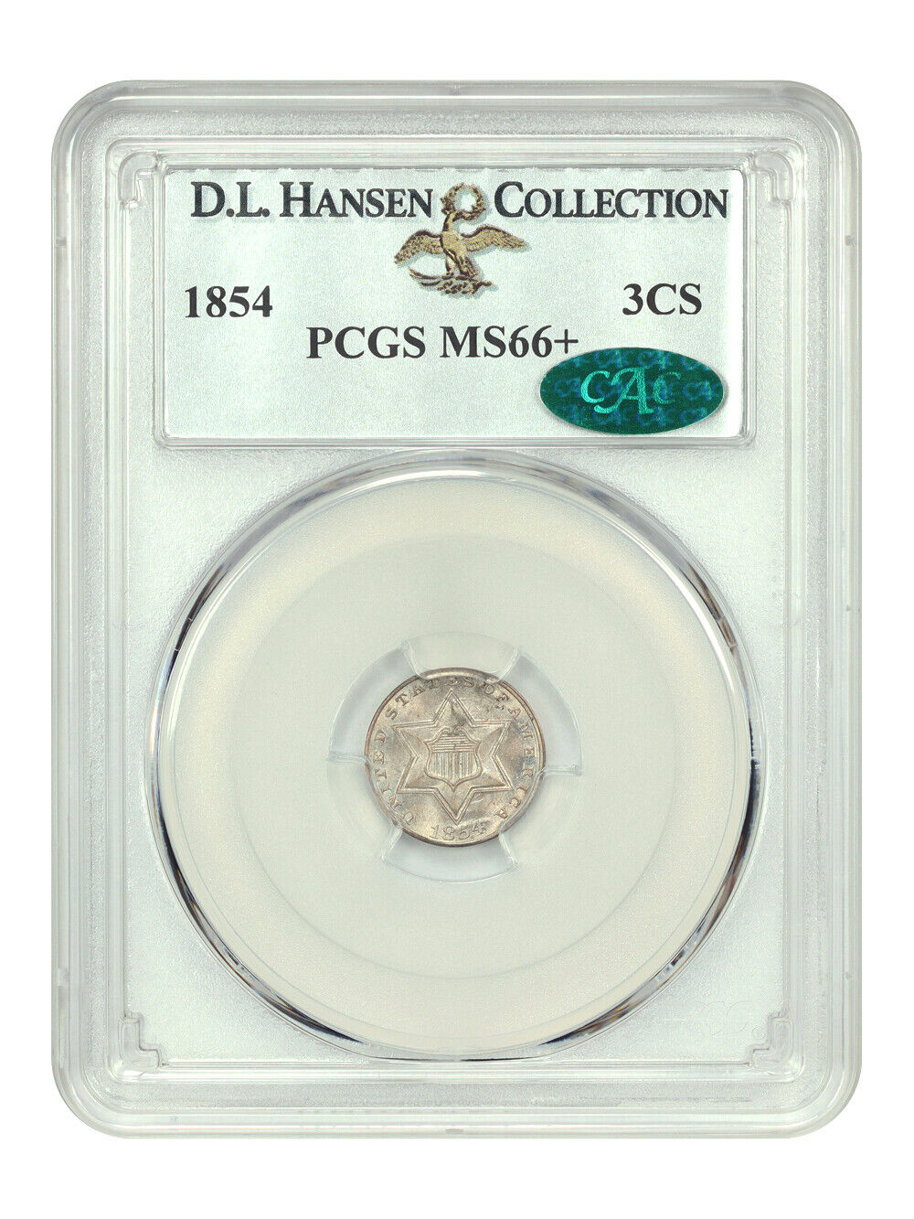 1854 3CS PCGS/CAC MS66+ ex: D.L. Hansen