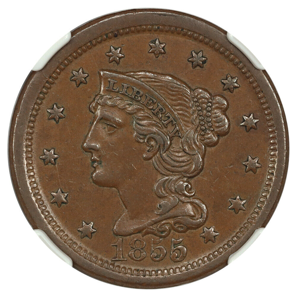 1855 1C NGC AU58 (N-6, Upright 55) - Braided Hair Cent